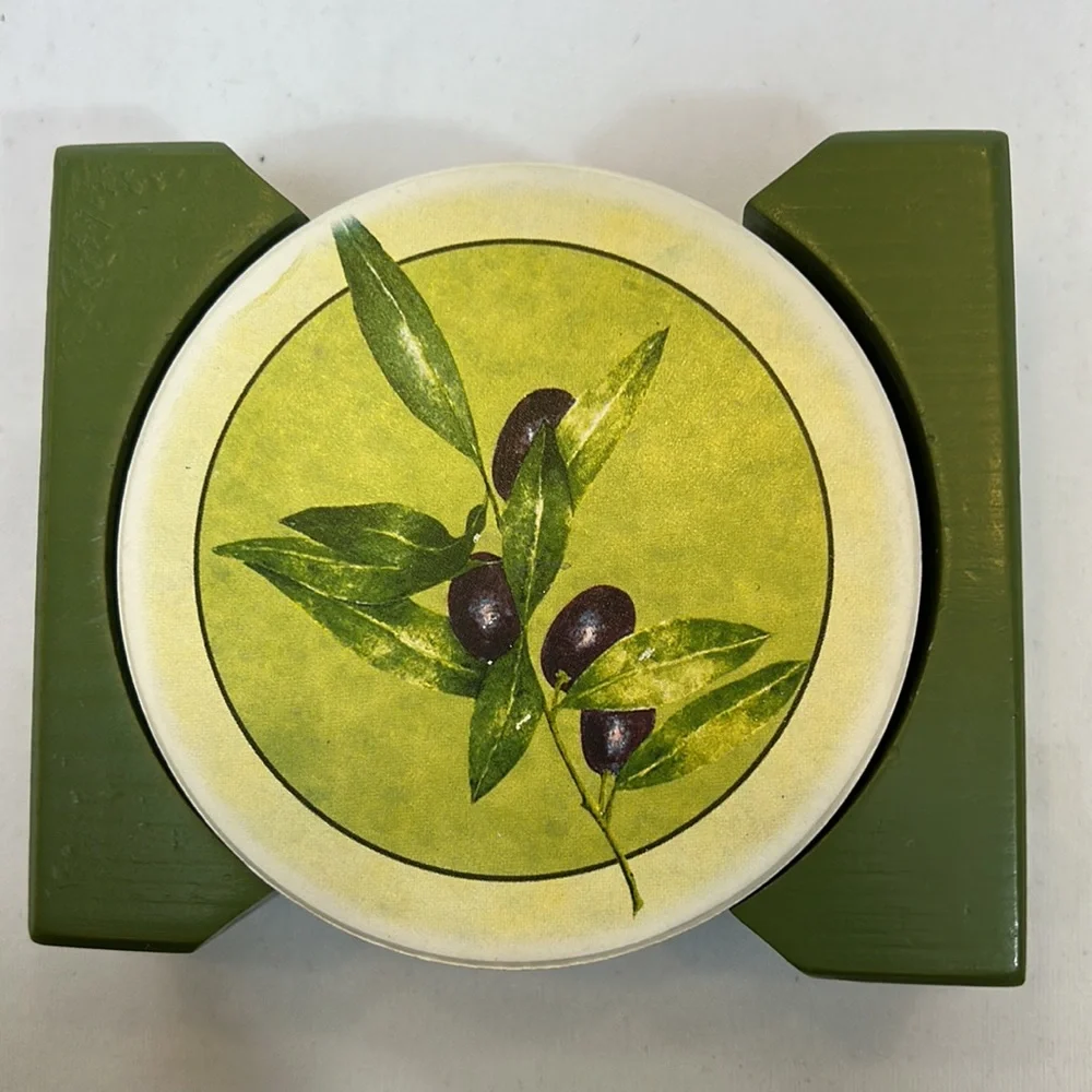 Sandstone Coasters with Olive Leaf Design and Green Wooden Holder-Set of 4